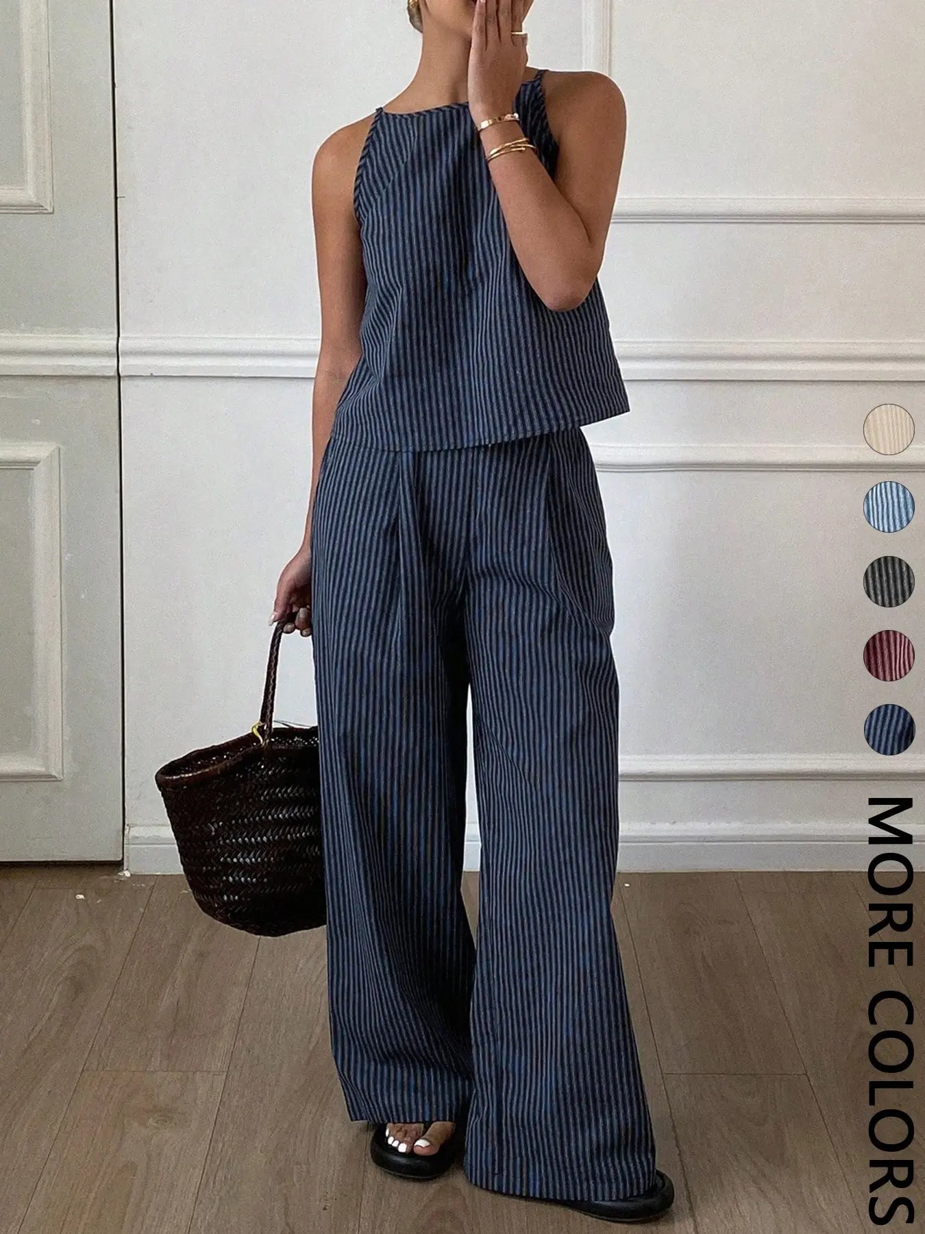 Two-Piece Women's Casual Summer Striped Lightweight Spaghetti Strap Sleeveless Top & Loose Long Pants Outfit Set, Comfortable Stylish Set