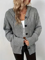 Women's Knitted Hooded Button Front Cardigan With Pocket