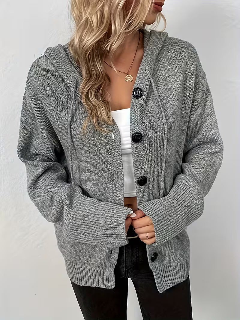 Women's Knitted Hooded Button Front Cardigan With Pocket