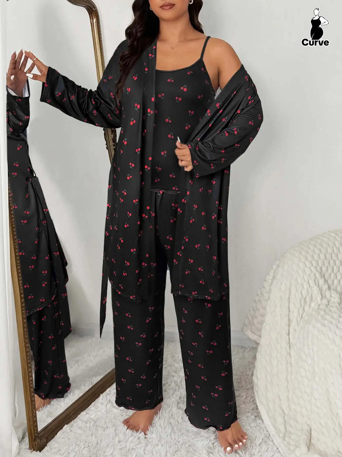 Plus Size Cherry Print Women's Sweet Comfortable Belted Robe & Sleeveless Long Pants & Cami Set