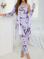 Women's All Over Floral Print Pajama Set, Long Sleeve Open Front Outwear & Pants & Cami Top