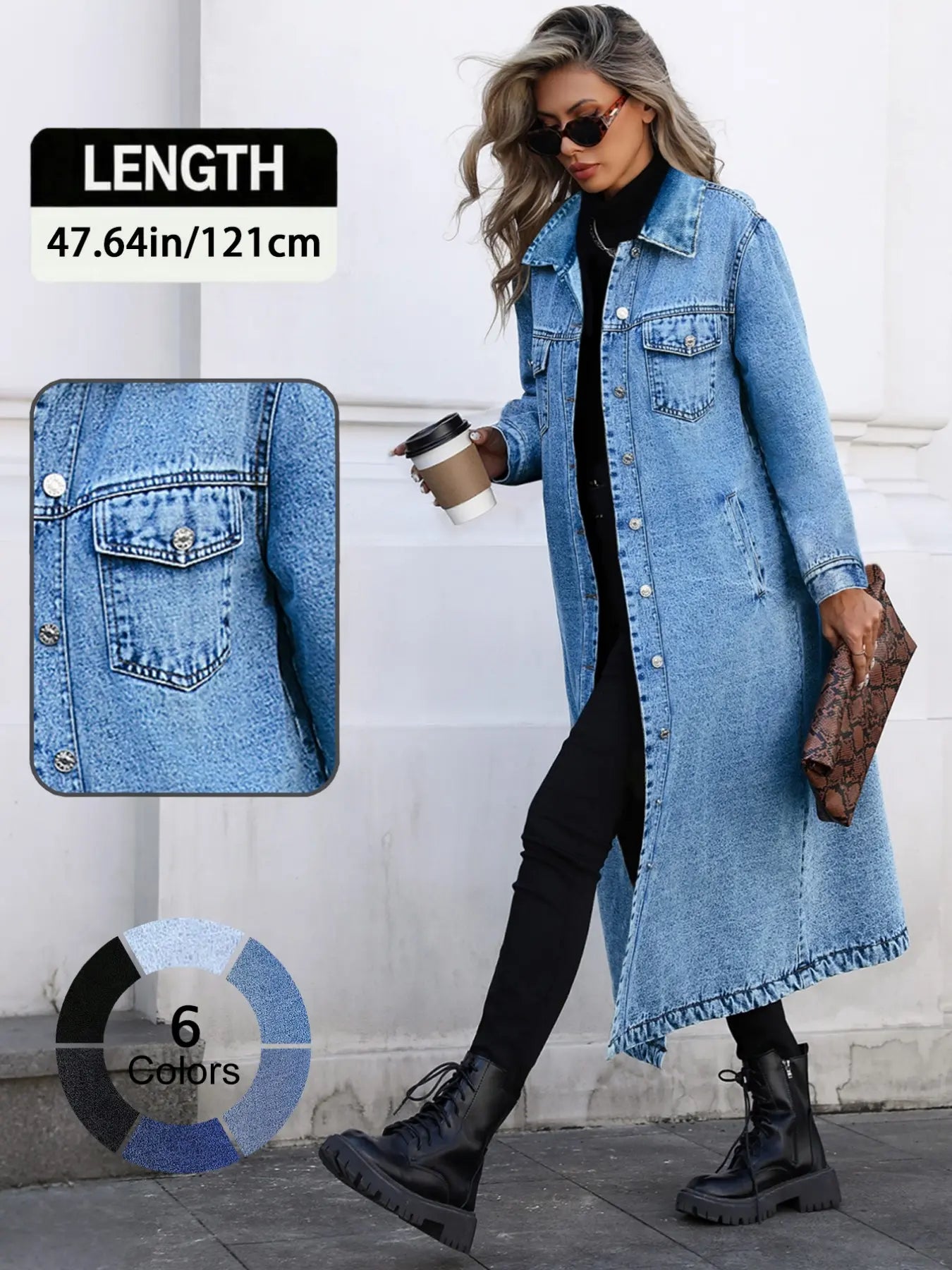 Women's Button Front Denim Coat, Elegant Casual Long Sleeve Denim Jacket for Spring & Fall, Women's Clothing for Daily Wear, Outerwear