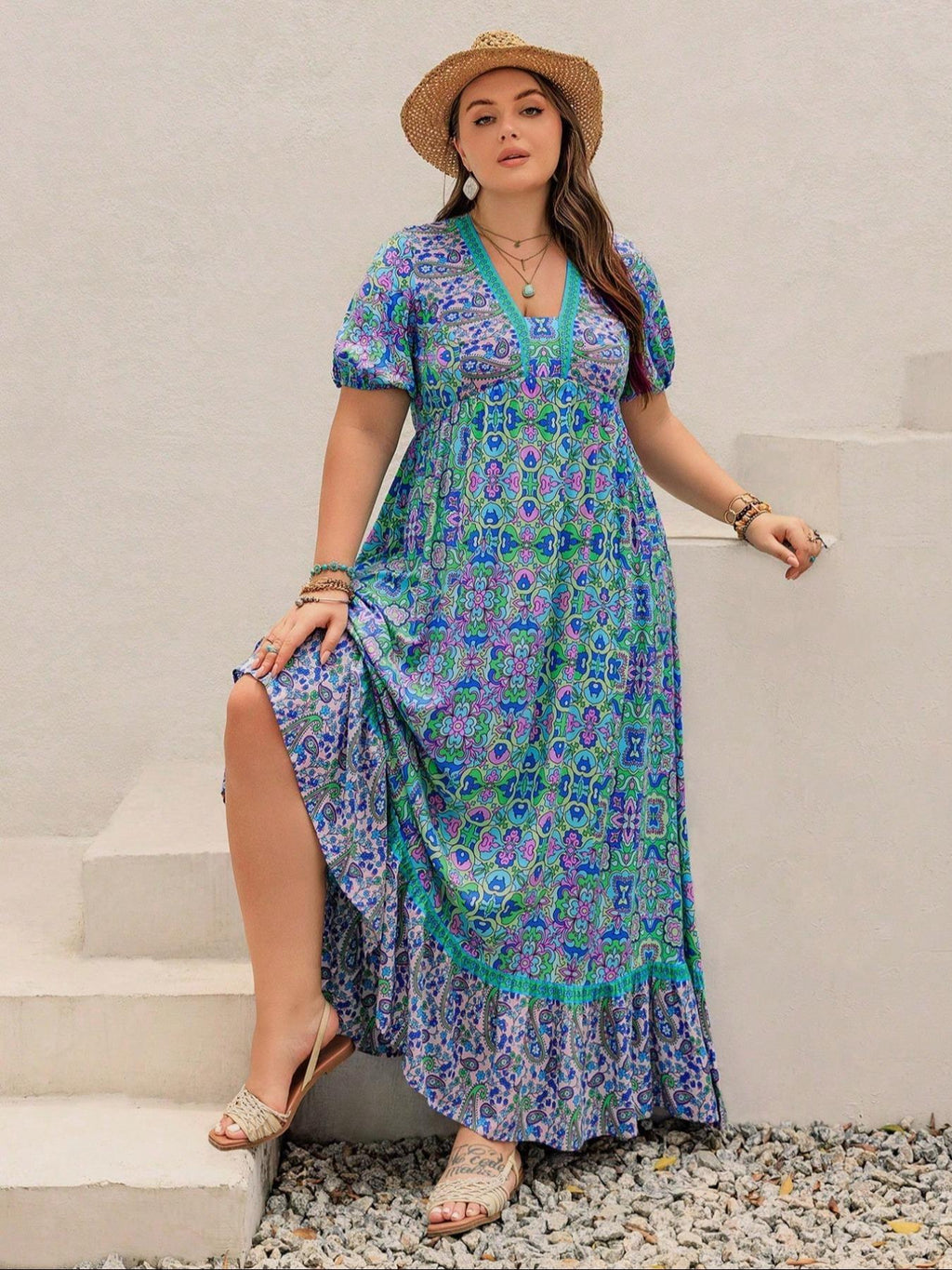Plus Size Short-Sleeve Floral Print Dress