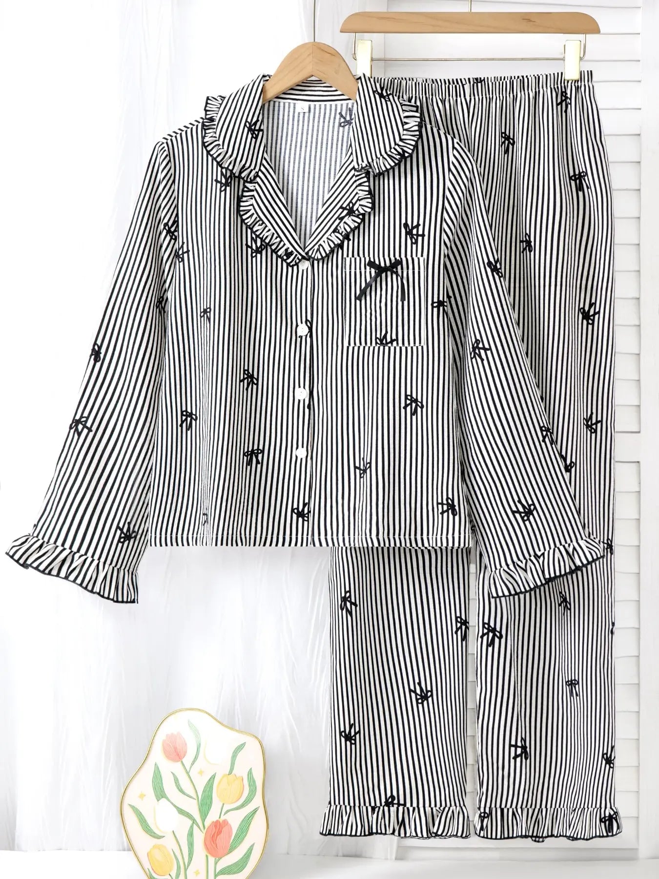 Women's Sleepwear Set Pajamas Breathable Striped Bow Design