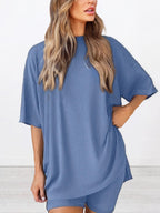 Women's Solid Color T-Shirt and Tight Shorts Set, Casual Summer Comfort Round Neck Sleepwear, Pocket Design, Outdoor Wear