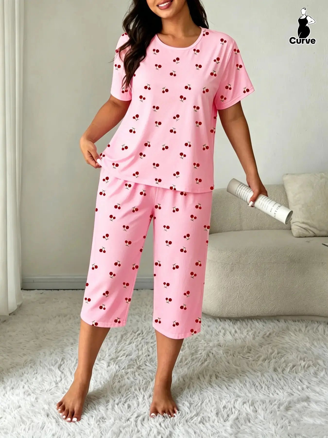 Plus-Size Women's Cherry Print Round Neck Short Sleeve Top and Capri Pants Set