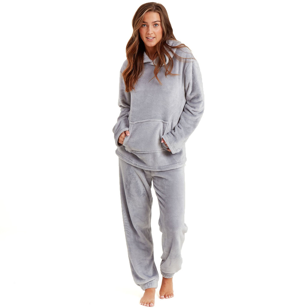 Womens Soft Fleece Hooded PJs Pyjama Bottoms Top Loungewear Set