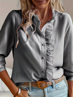 Women's Plain Ruffle Trim Button Front Fitted Woven Fabric Shirts, Blouse, Elegant Chic Casual Bishop Sleeve Long Sleeve Frill Trim Top for Daily Wear, Ladies Clothes for All Seasons, Womenswear
