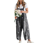 Women's Bib Overalls, Cute Floral Print Denim Jumpsuit with Baggy Wide Leg and Adjustable Straps