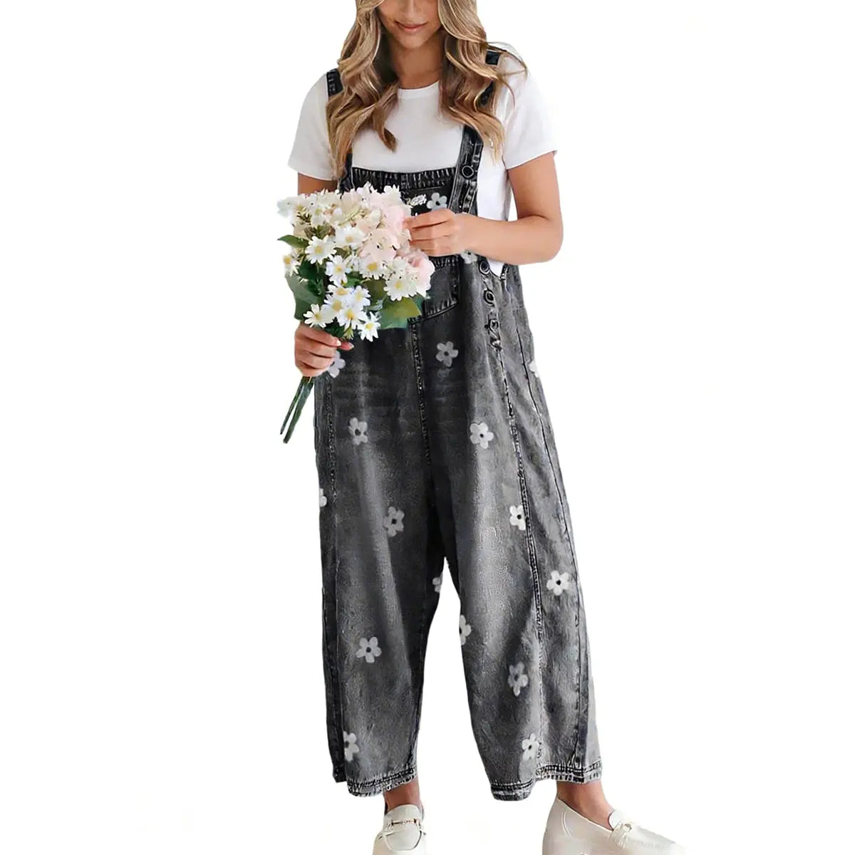 Women's Bib Overalls, Cute Floral Print Denim Jumpsuit with Baggy Wide Leg and Adjustable Straps
