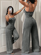 Women's Casual Denim Halter Backless Wide Leg Pants