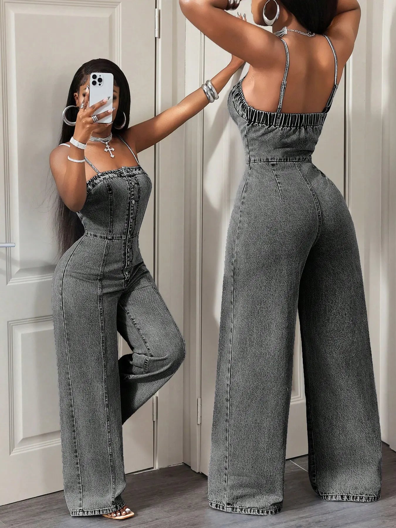 Women's Casual Denim Halter Backless Wide Leg Pants