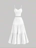 Women's Solid Woven Crop Cami Top & Pleated A-line Skirt Two-piece Set