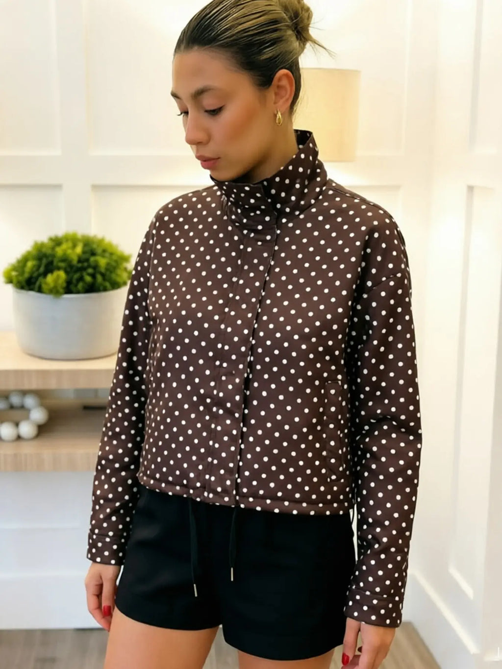 Polka Dot Women's Spring High Neck Long Sleeve Jacket