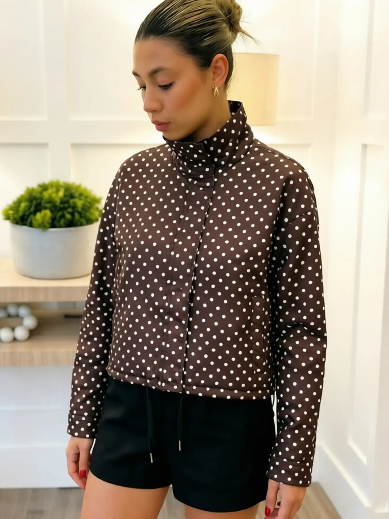 Polka Dot Women's Spring High Neck Long Sleeve Jacket
