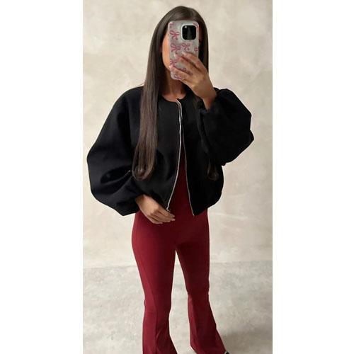 Women's Bomber Jacket Ladies Long Balloon Puff Sleeve Zipper Jacket Top Long Sleeve Cropped