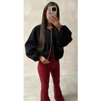 Women's Bomber Jacket Ladies Long Balloon Puff Sleeve Zipper Jacket Top Long Sleeve Cropped