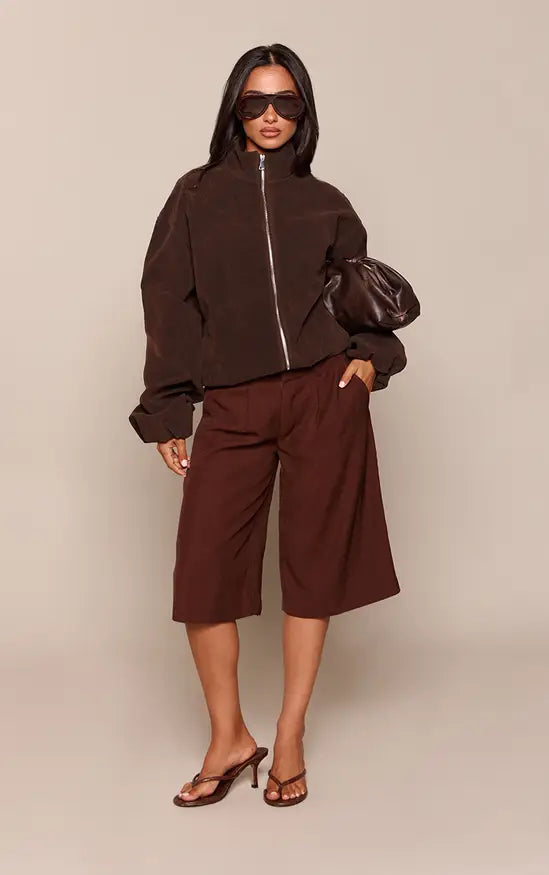 Mushroom Faux Suede Bomber Jacket
