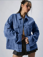 Women's Plain Basic Button-Front Drop-Shoulder Fitted Denim Jacket Coats