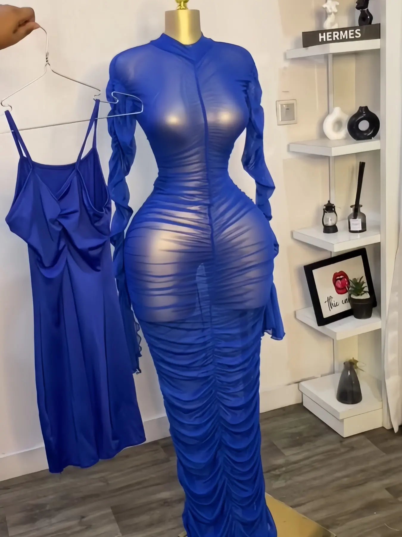 Women's Long Mesh Overlay Bodycon Dress & Sexy Sheer Backless Sleeveless Party Gown