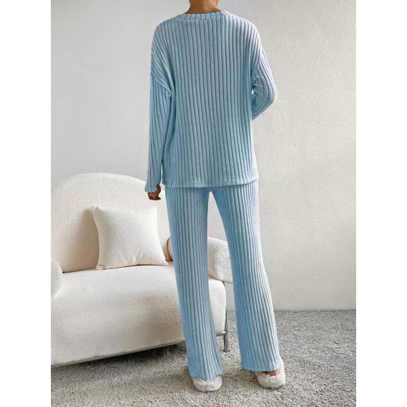 Women's Solid Drop Shoulder Pocket Lounge Set, Casual Long Sleeve V Neck Top & Straight Leg Pants Two-piece Set, Women's Sleepwear