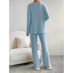 Women's Solid Drop Shoulder Pocket Lounge Set, Casual Long Sleeve V Neck Top & Straight Leg Pants Two-piece Set, Women's Sleepwear