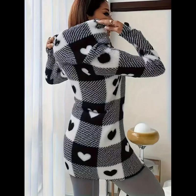Women's  Plaid & Fluffy Trim Zip Front Hoodie Jacket, Ladies Casual In Fall/Winter