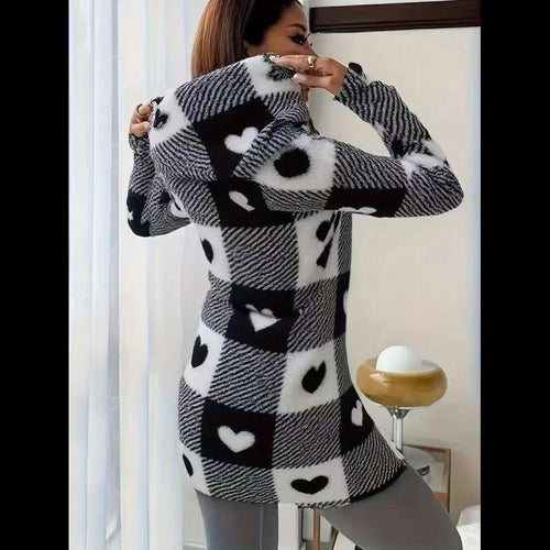 Women's  Plaid & Fluffy Trim Zip Front Hoodie Jacket, Ladies Casual In Fall/Winter