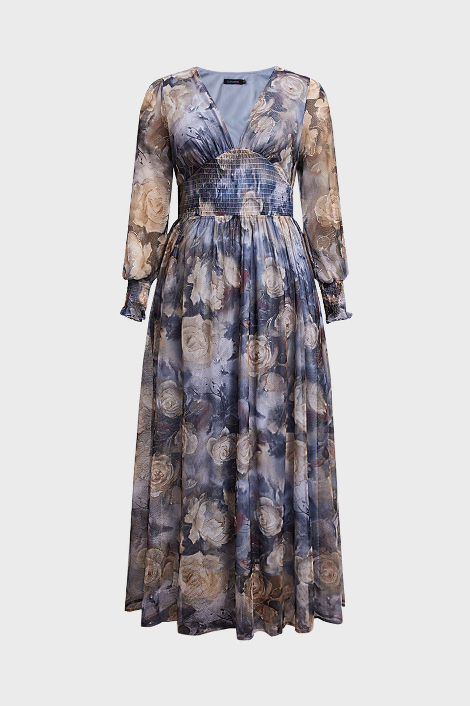 Curveins Plus Size V Neck Long Sleeve Floral Waist Maxi Dress