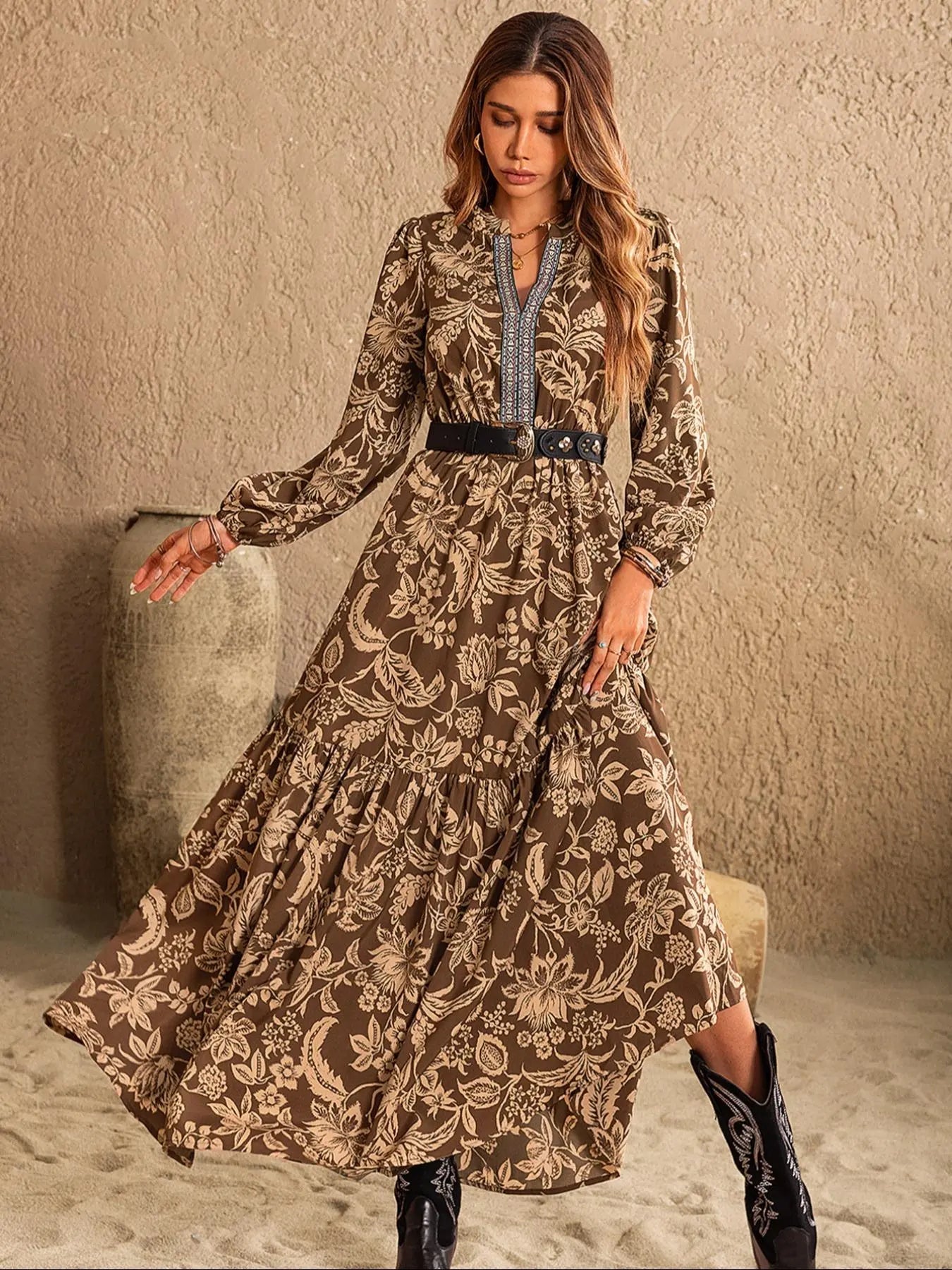 Women's Western Style Floral Print Embroidered Trim Bishop Long Sleeve Notched Neck A-line Long Vintage Dress, Dresses for Women