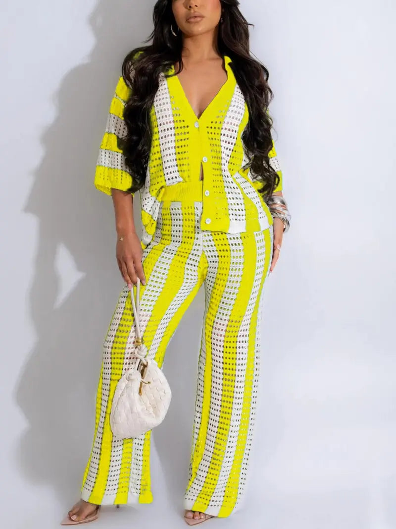Women's Color-Block Striped Cutout Button-Front Top & Wide-Leg Pants Two-Piece Set