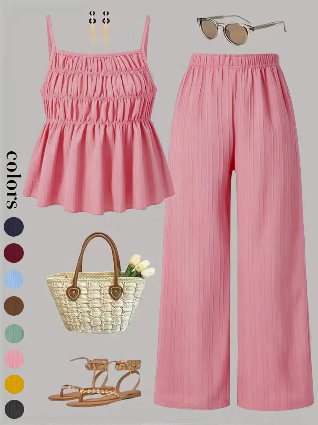 Two-Piece Set Women's Solid Color Cami Top & Wide Leg Pants Set
