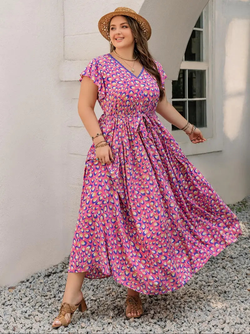 A-line dress with butterfly sleeves, belt, ruffled hem, and floral print