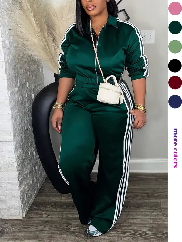 Women's Tracksuit Set, Casual Long Sleeve Zip Up Jacket & Pants Set for Spring & Fall, Women's Clothes for Daily Wear