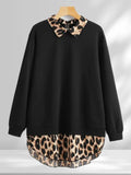 [Plus Size] Leopard Print Curved Hem Pullover Sweatshirt, Casual Long Sleeve Sweatshirt for Fall & Winter, Women's Clothing for Daily Wear