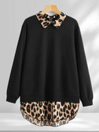 [Plus Size] Leopard Print Curved Hem Pullover Sweatshirt, Casual Long Sleeve Sweatshirt for Fall & Winter, Women's Clothing for Daily Wear