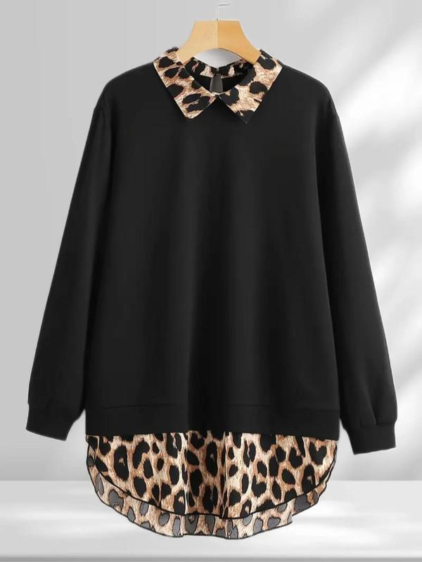 [Plus Size] Leopard Print Curved Hem Pullover Sweatshirt, Casual Long Sleeve Sweatshirt for Fall & Winter, Women's Clothing for Daily Wear