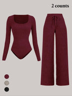 Women's Slim-Fit Solid Color Ribbed Fleece Jumpsuit Set, Wide Leg Pants, Fashionable Comfortable Fabric for Daily Wear