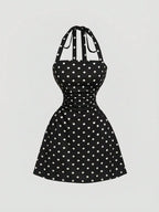 Women's Plain Ruched Tie Back Halter Neck Dress
