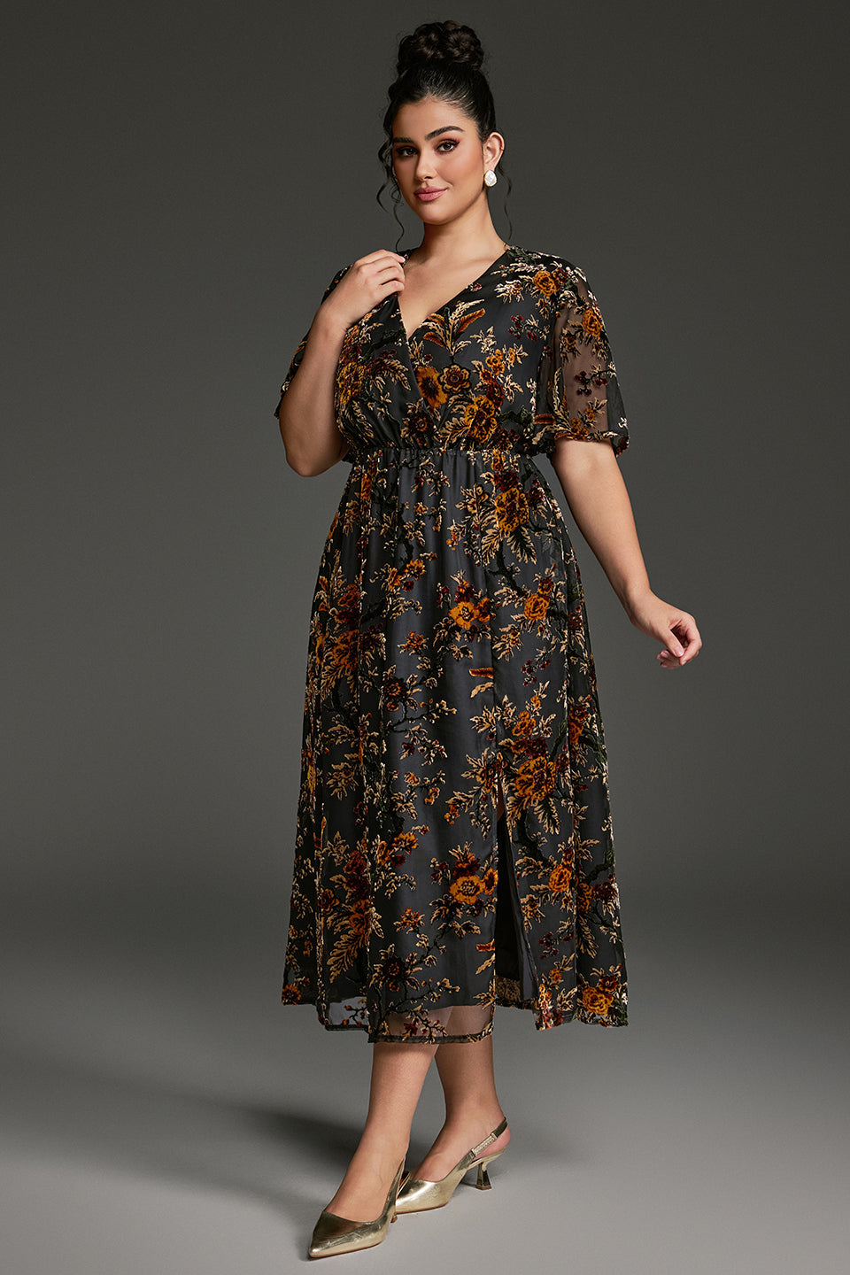 Curveins Plus Size V-Neck Sheer Batwing Sleeve Floral Velvet Midi Dress