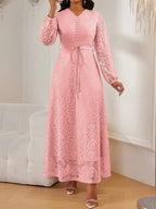 Women's Lace V-Neck Long Sleeve Dress, Elegant Chic Belted Waist, Slim Fit, Plain Color, Wedding Evening Formal Occasion, Spring & Fall