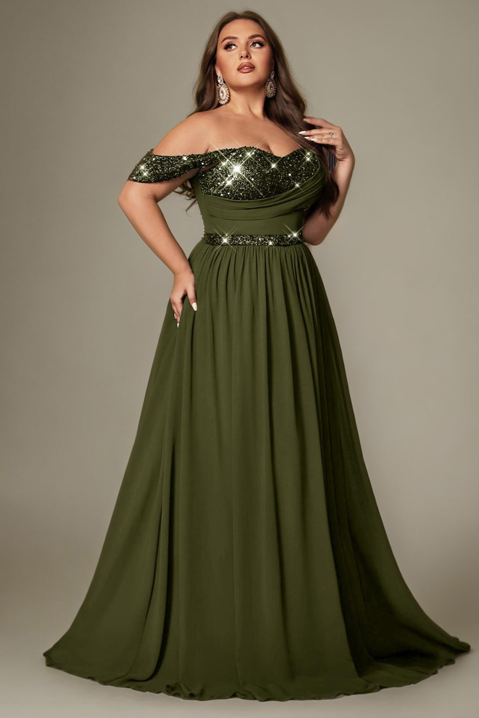 Curveins Plus Size Asymmetric One-Shoulder Sequin Side-Slit Maxi Dress