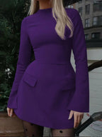 Women's Plain Split Flounce Sleeve Flap Detail A Line Dress, Elegant Long Sleeve Stand Collar Short Dress for Party Holiday Wedding Guest, Ladies Spring & Fall Clothes