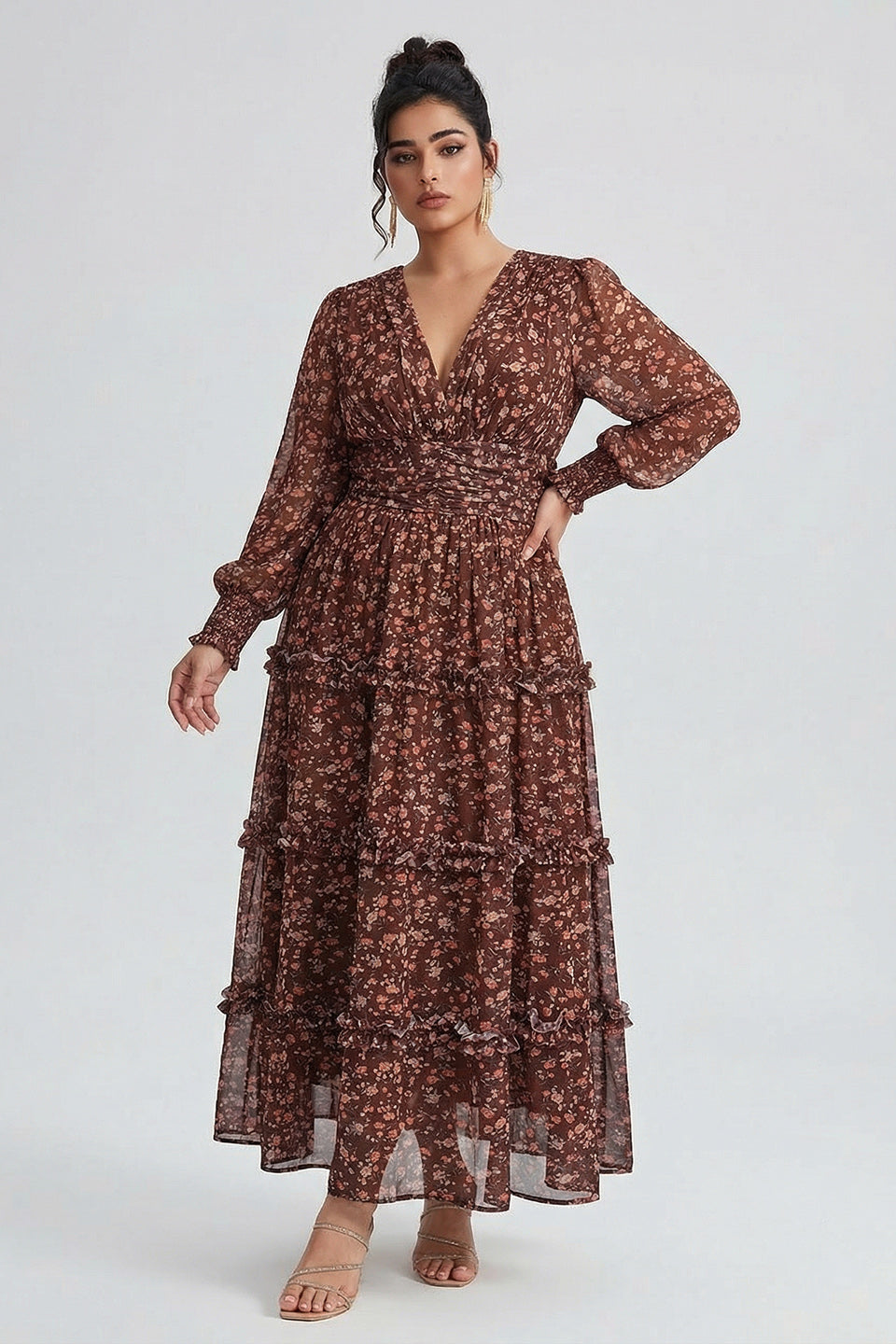 Curveins Plus Size V Neck Long Sleeve Floral Tiered Maxi Dress