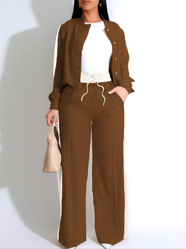 Two-piece Set Women's Patchwork  Top & Wide Leg Pants Set, Casual Long Sleeve  Outerwear & Pants for Daily Wear, Ladies Summer Clothes