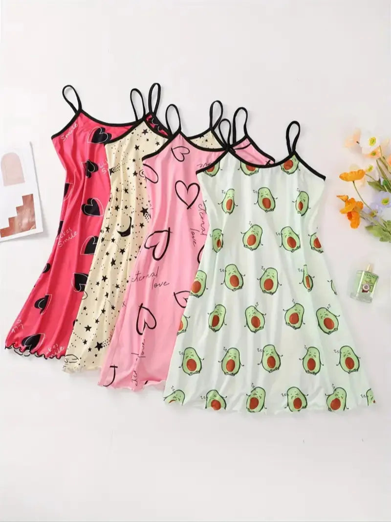 Women's All Over Print Cami Nightdress, Casual Soft Comfortable Spaghetti Strap Nightgown for All Seasons, Lady's Sleepwear for Indoor Wear, Breathable Sleep Dress