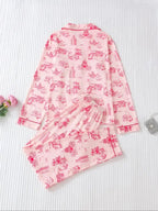 Two-Piece Set Women's All Over Print Button Front Pocket Lapel Shirt & Elastic Waist Pants Pyjama, Casual Comfy Long Sleeve Top & Trousers PJ Set, Women's Sleepwear for Spring & Fall