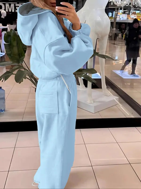 Women's Fashion Solid Color Casual Sports Style Drawstring Waist Hoodie Loose Set
