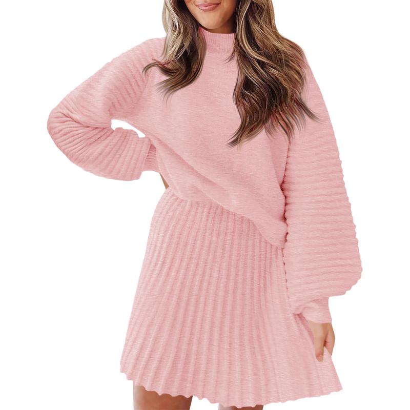 Women's 2 Piece Outfits 2025 Long Sleeve Mock Neck Ribbed Sweaters And Mini Skirt Two Piece Sets