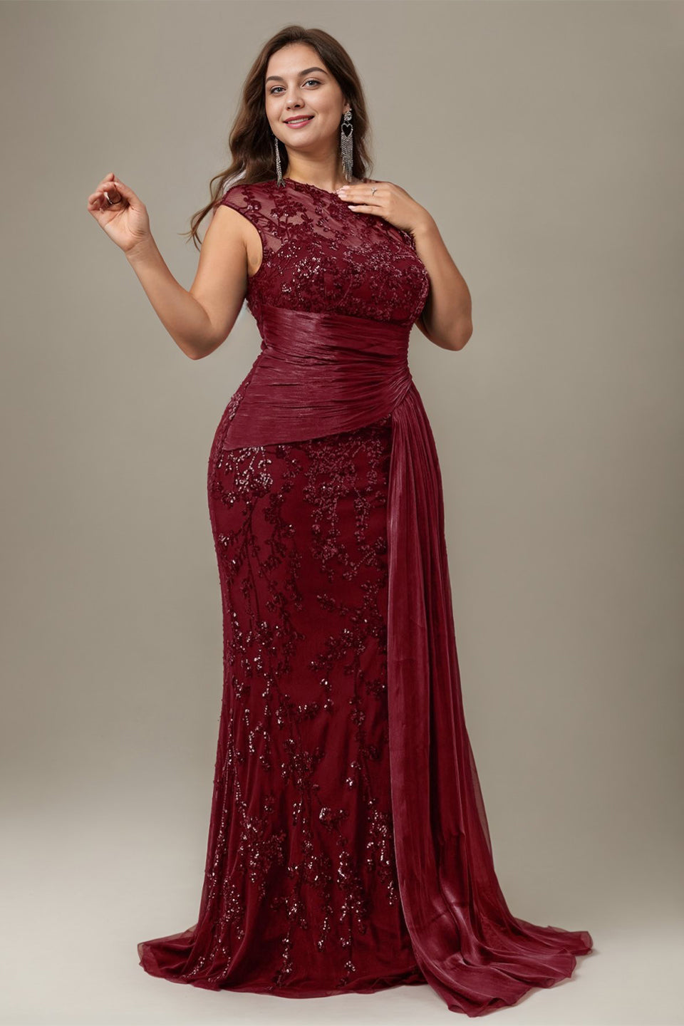 Curveins Plus Size One Shoulder Sleeveless Embroidered Sequin Patchwork Bodycon Maxi Dress